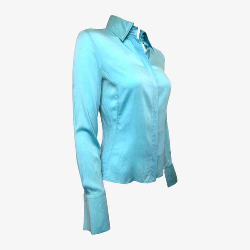 Gucci S/S 2001 Aqua Blue Satin-Finish Fitted Shirt