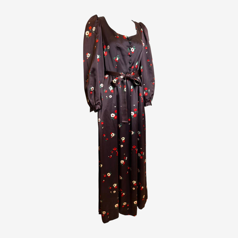 Saint Laurent Rive Gauche F/W 1974 Dark Brown Floral-Print Satin Maxi Dress