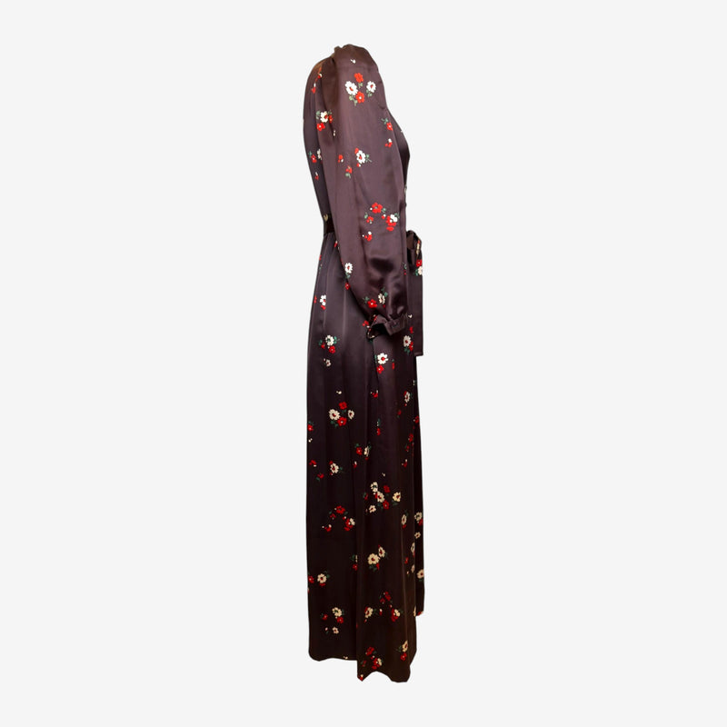 Saint Laurent Rive Gauche F/W 1974 Dark Brown Floral-Print Satin Maxi Dress