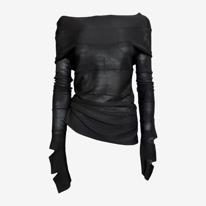 Gucci by Tom Ford F/W 2002 Black Sheer Bandage-Panelled Off-Shoulder Slit-Sleeve Top