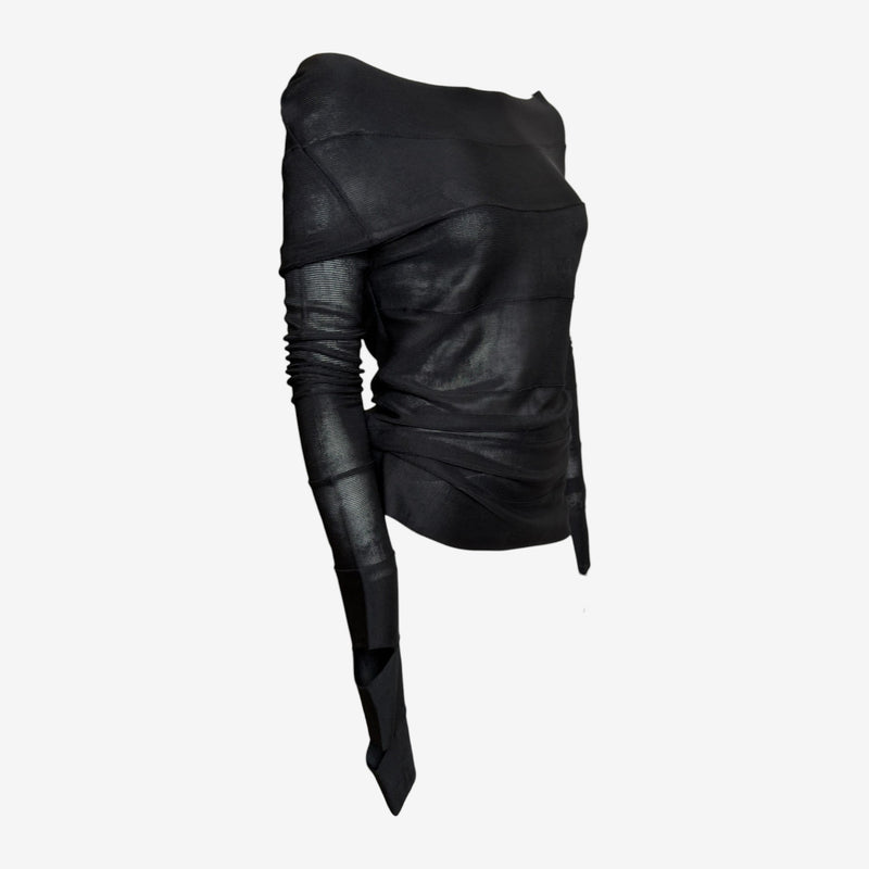 Gucci by Tom Ford F/W 2002 Black Sheer Bandage-Panelled Off-Shoulder Slit-Sleeve Top