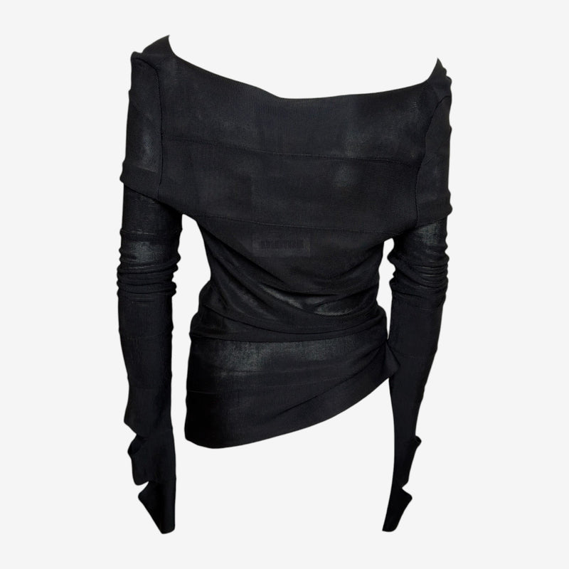 Gucci by Tom Ford F/W 2002 Black Sheer Bandage-Panelled Off-Shoulder Slit-Sleeve Top