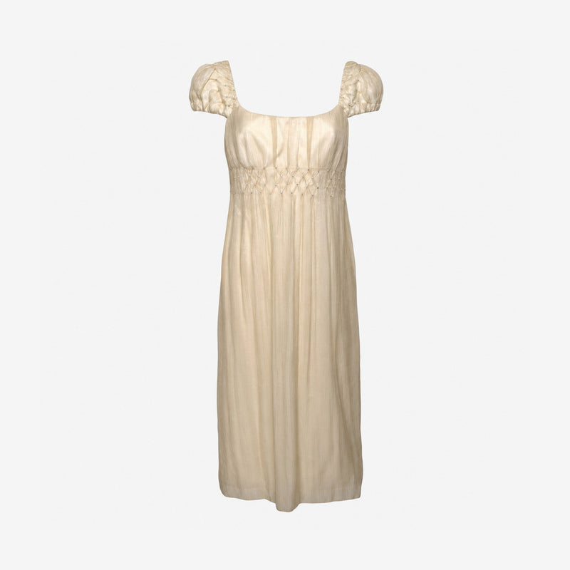 Gianni Versace F/W 1998 Couture Ivory Smocked Crystal-Embellished Empire-Line Midi Dress