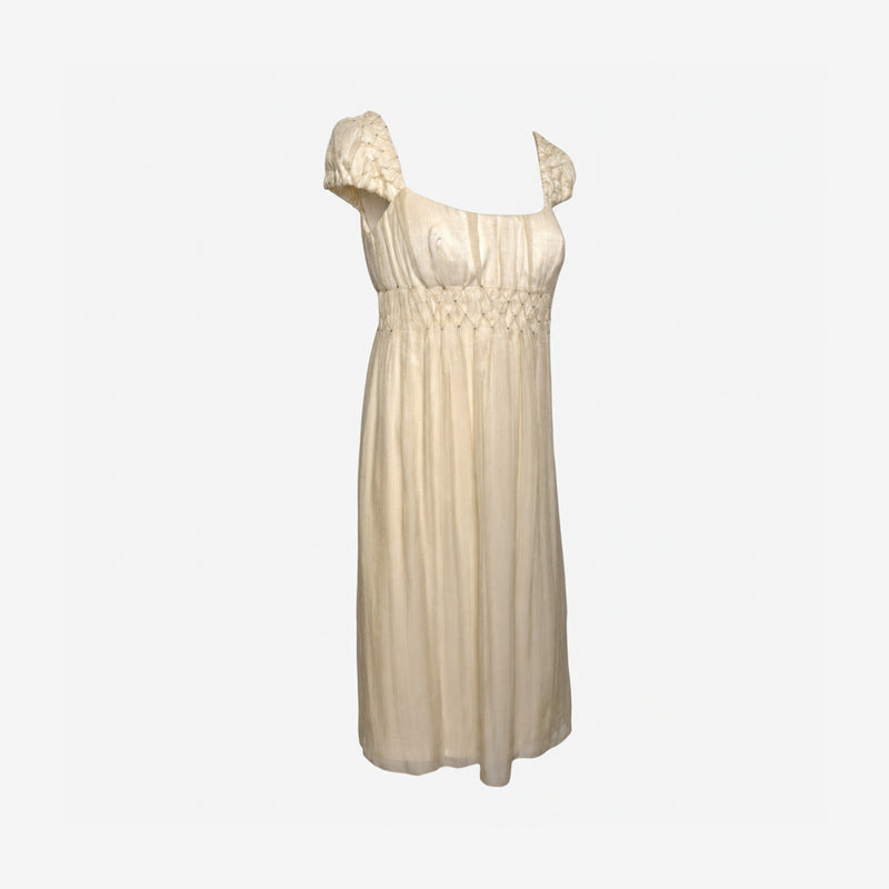 Gianni Versace F/W 1998 Couture Ivory Smocked Crystal-Embellished Empire-Line Midi Dress