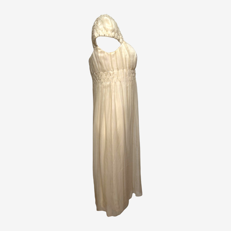Gianni Versace F/W 1998 Couture Ivory Smocked Crystal-Embellished Empire-Line Midi Dress