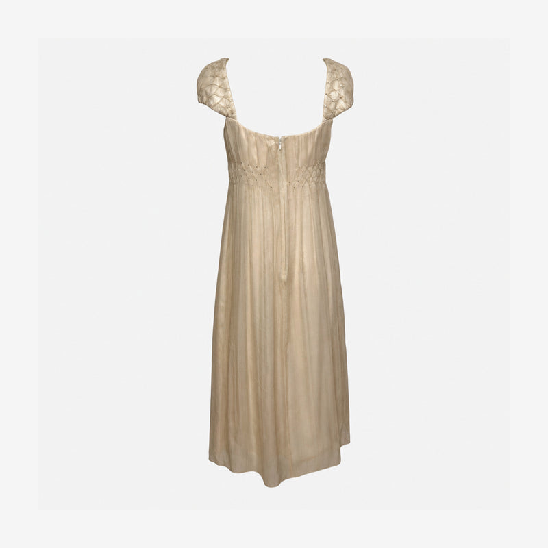 Gianni Versace F/W 1998 Couture Ivory Smocked Crystal-Embellished Empire-Line Midi Dress