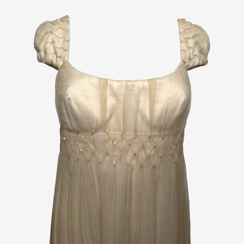 Gianni Versace F/W 1998 Couture Ivory Smocked Crystal-Embellished Empire-Line Midi Dress