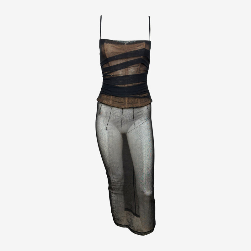 Dolce & Gabbana S/S 1998 Black Sheer Mesh Ruched Diagonal-Banded Bustier Midi Dress