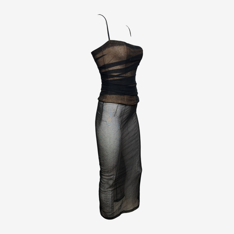 Dolce & Gabbana S/S 1998 Black Sheer Mesh Ruched Diagonal-Banded Bustier Midi Dress