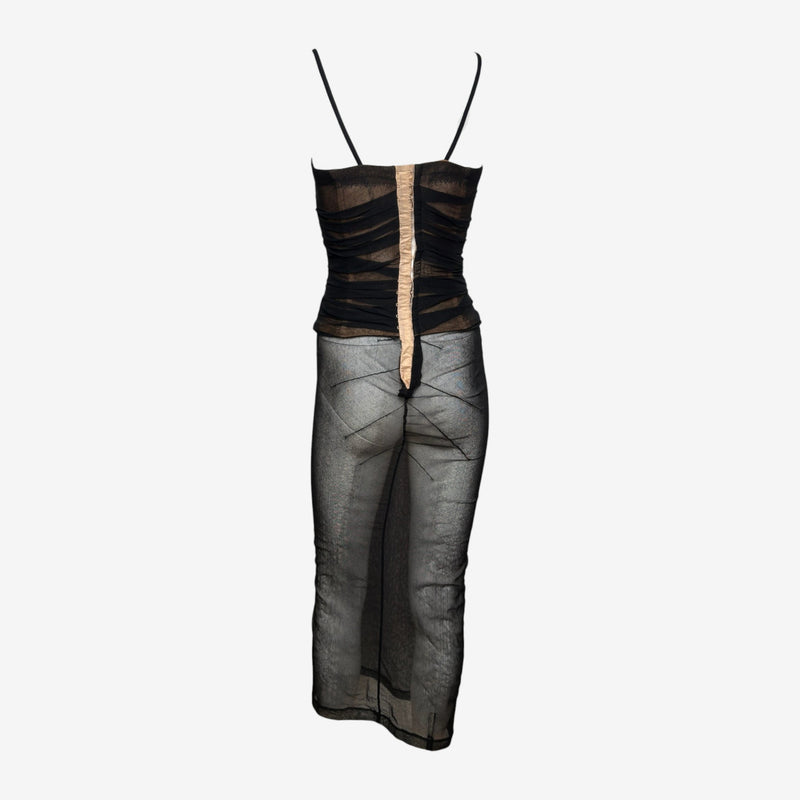 Dolce & Gabbana S/S 1998 Black Sheer Mesh Ruched Diagonal-Banded Bustier Midi Dress