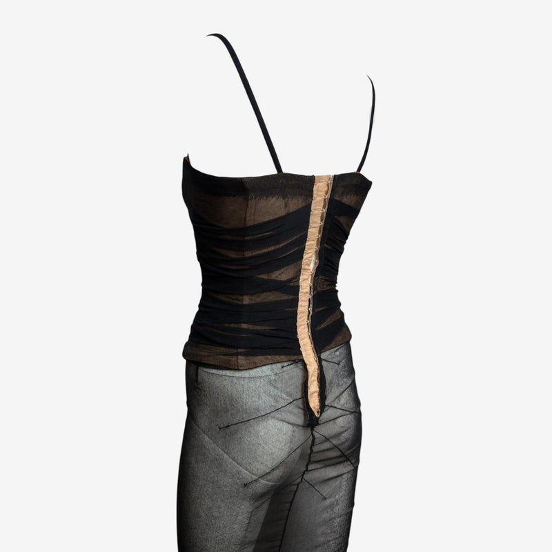 Dolce & Gabbana S/S 1998 Black Sheer Mesh Ruched Diagonal-Banded Bustier Midi Dress