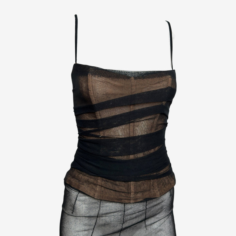 Dolce & Gabbana S/S 1998 Black Sheer Mesh Ruched Diagonal-Banded Bustier Midi Dress