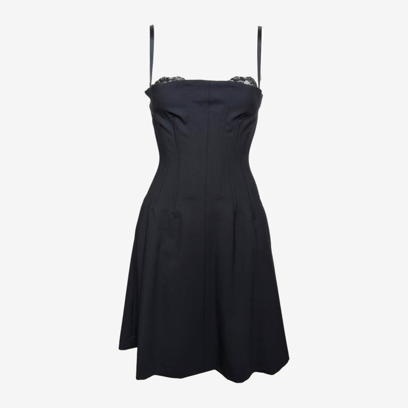 Dolce & Gabbana S/S 2003 Black Lace-Trim Corset-Boned Lace-Up Back Mini Dress