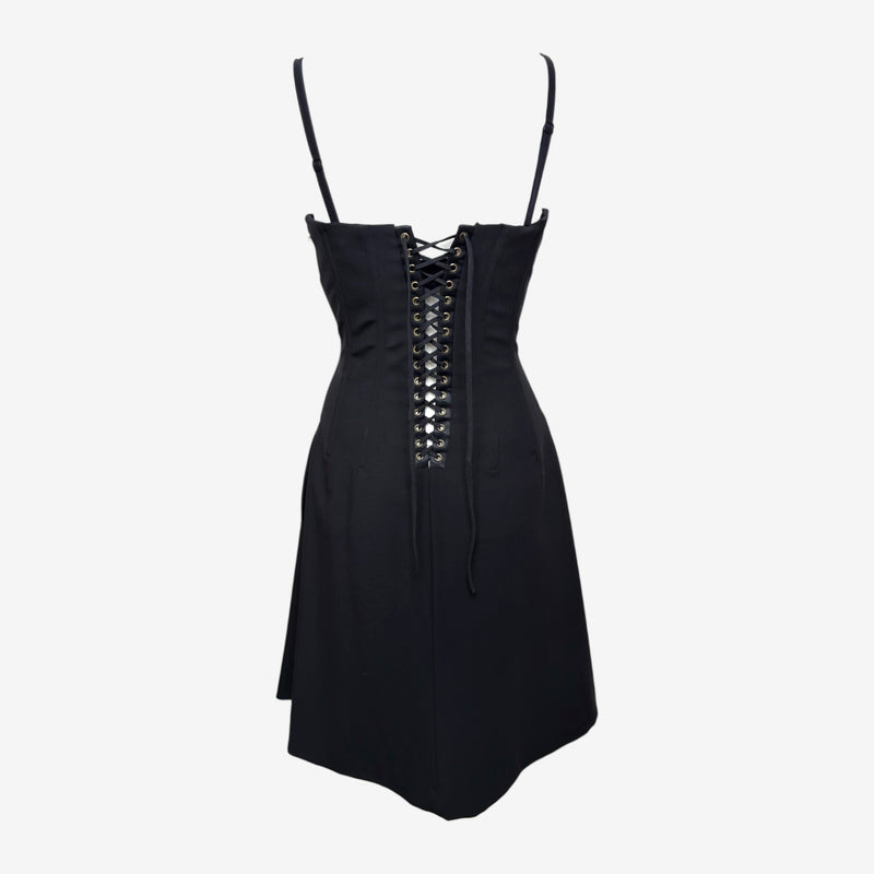 Dolce & Gabbana S/S 2003 Black Lace-Trim Corset-Boned Lace-Up Back Mini Dress