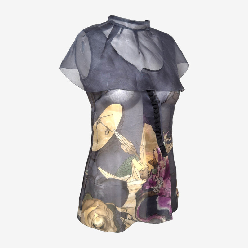 Prada S/S 2008 Grey Sheer Printed Capelet Blouse