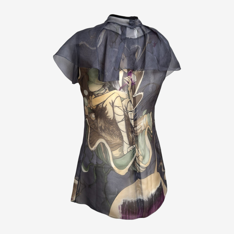 Prada S/S 2008 Grey Sheer Printed Capelet Blouse