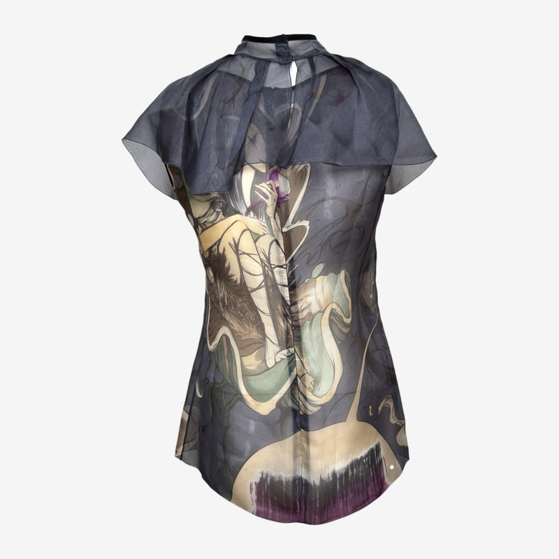 Prada S/S 2008 Grey Sheer Printed Capelet Blouse