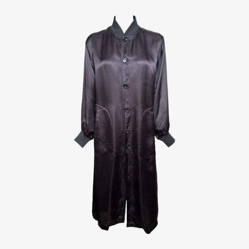 Comme Des Garçons S/S 1986 Reissue Black Satin Staff Coat With Back Logo Print