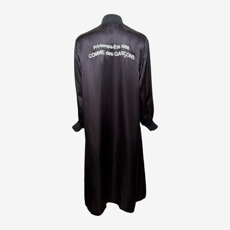 Comme Des Garçons S/S 1986 Reissue Black Satin Staff Coat With Back Logo Print
