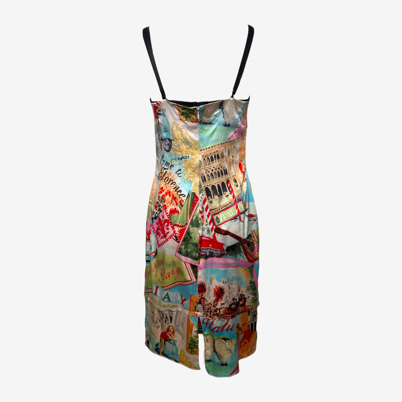 Dolce & Gabbana F/W 2000 Italie Souvenir Postcard Printed Silk Bustier Mini Dress