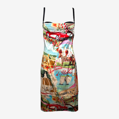 Dolce & Gabbana F/W 2000 Italie Souvenir Postcard Printed Silk Bustier Mini Dress