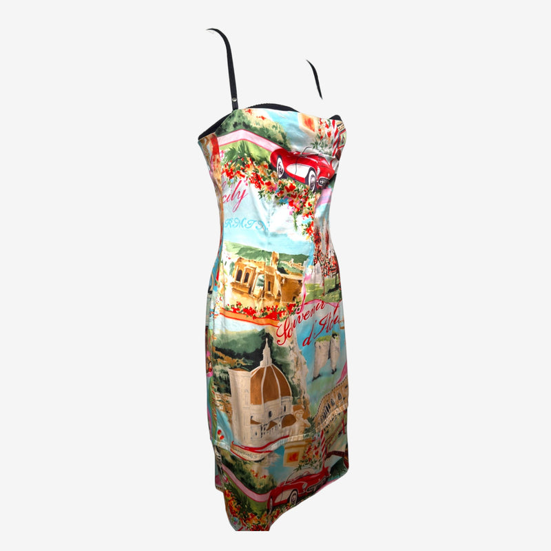 Dolce & Gabbana F/W 2000 Italie Souvenir Postcard Printed Silk Bustier Mini Dress
