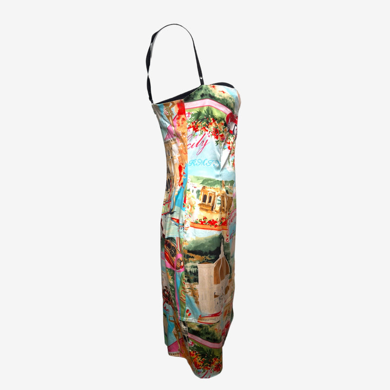 Dolce & Gabbana F/W 2000 Italie Souvenir Postcard Printed Silk Bustier Mini Dress