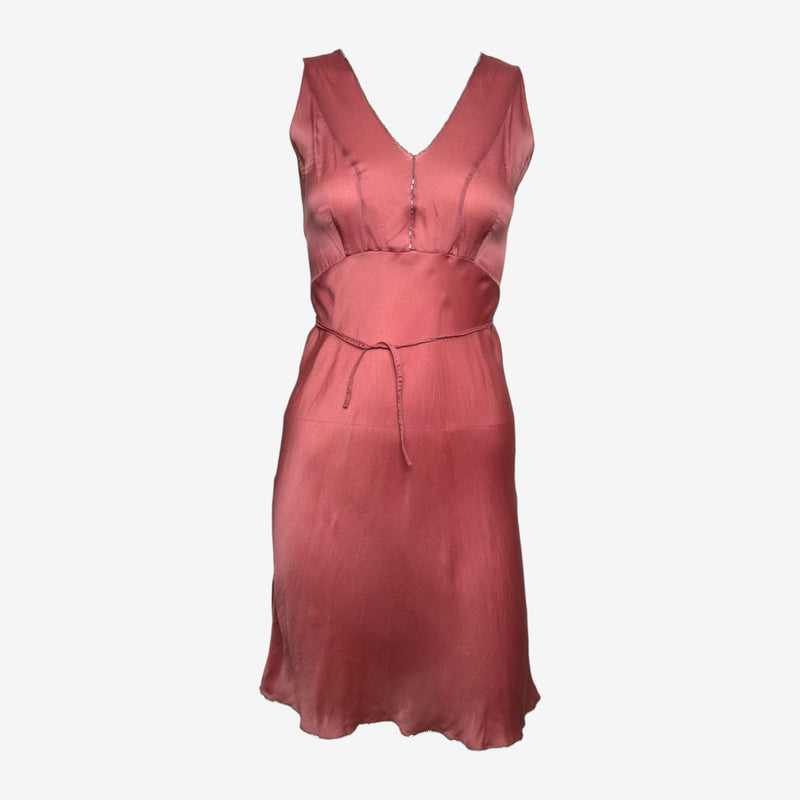 Prada F/W 1997 Rose Satin Slip Dress With Silver Bugle-Bead Trim And Tie Belt