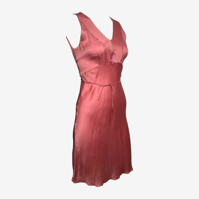 Prada F/W 1997 Rose Satin Slip Dress With Silver Bugle-Bead Trim And Tie Belt