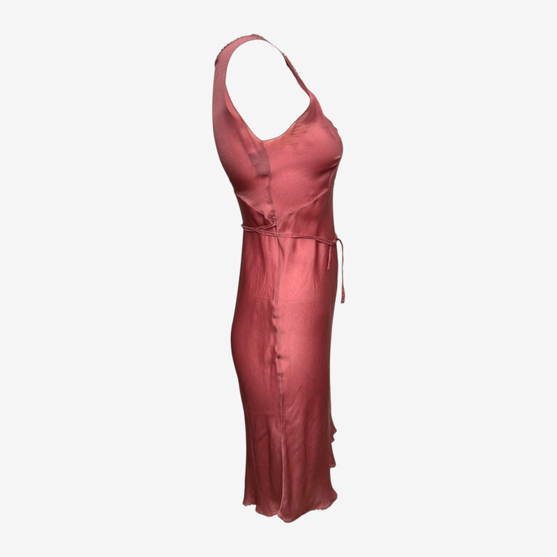 Prada F/W 1997 Rose Satin Slip Dress With Silver Bugle-Bead Trim And Tie Belt