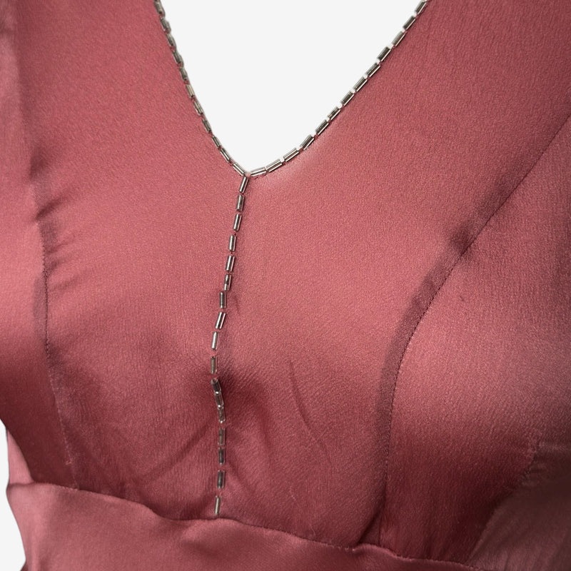 Prada F/W 1997 Rose Satin Slip Dress With Silver Bugle-Bead Trim And Tie Belt