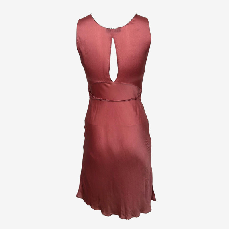 Prada F/W 1997 Rose Satin Slip Dress With Silver Bugle-Bead Trim And Tie Belt