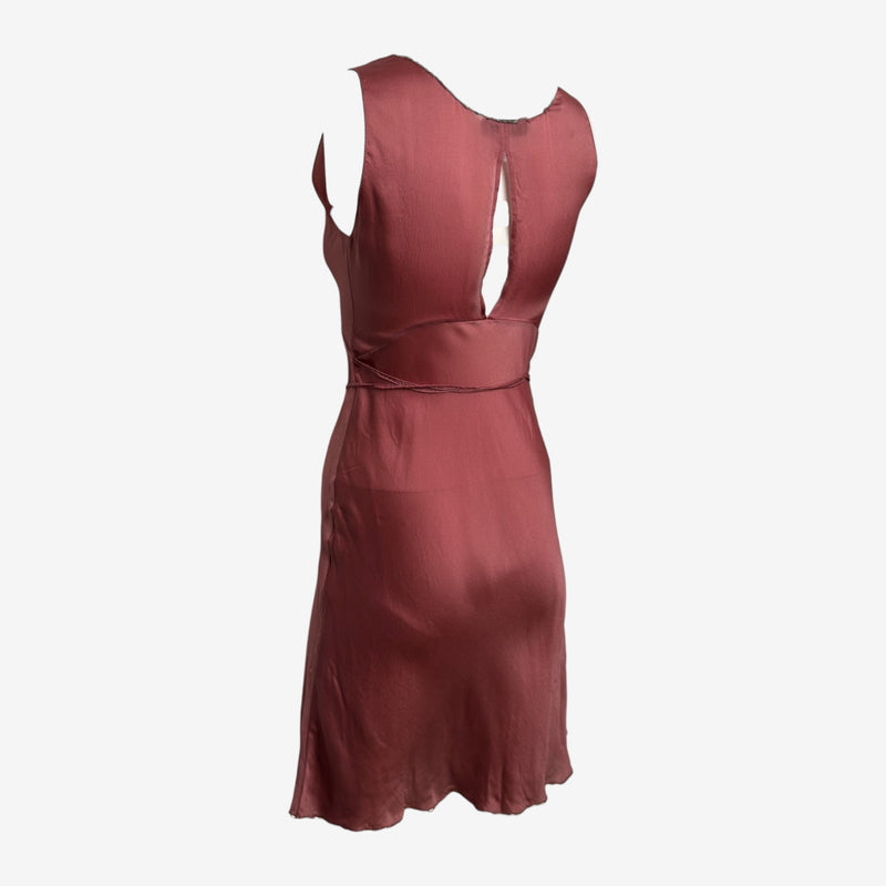 Prada F/W 1997 Rose Satin Slip Dress With Silver Bugle-Bead Trim And Tie Belt