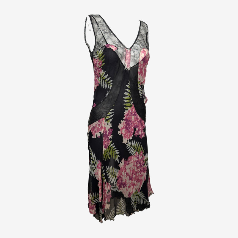 Blumarine S/S 2006 Black Floral-Print Lace-Panelled Slip Dress