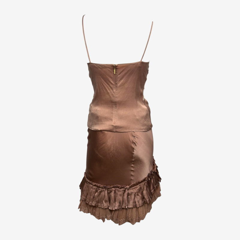 Roberto Cavalli S/S 2006 Dusty Rose Satin Lace-Trimmed Ruffled Slip Dress