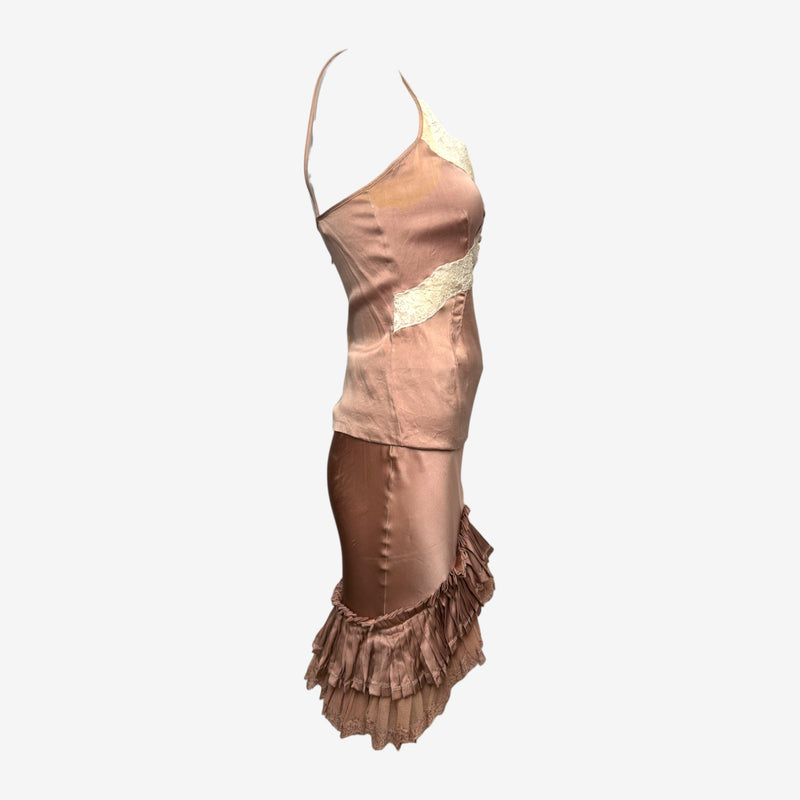 Roberto Cavalli S/S 2006 Dusty Rose Satin Lace-Trimmed Ruffled Slip Dress