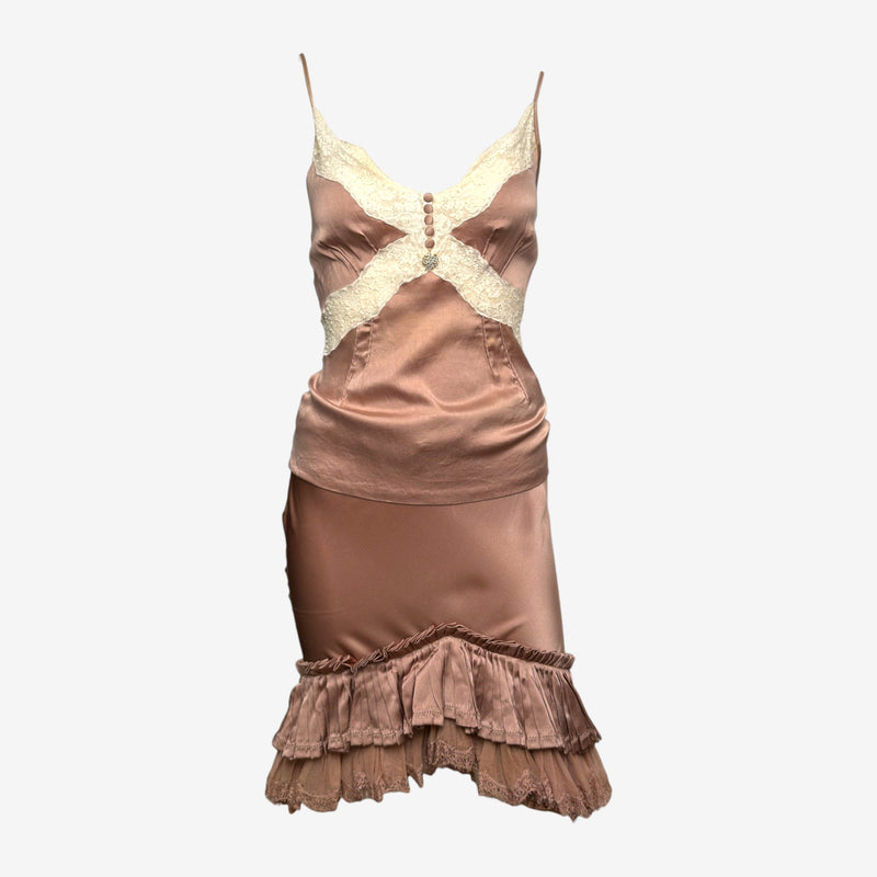 Roberto Cavalli S/S 2006 Dusty Rose Satin Lace-Trimmed Ruffled Slip Dress