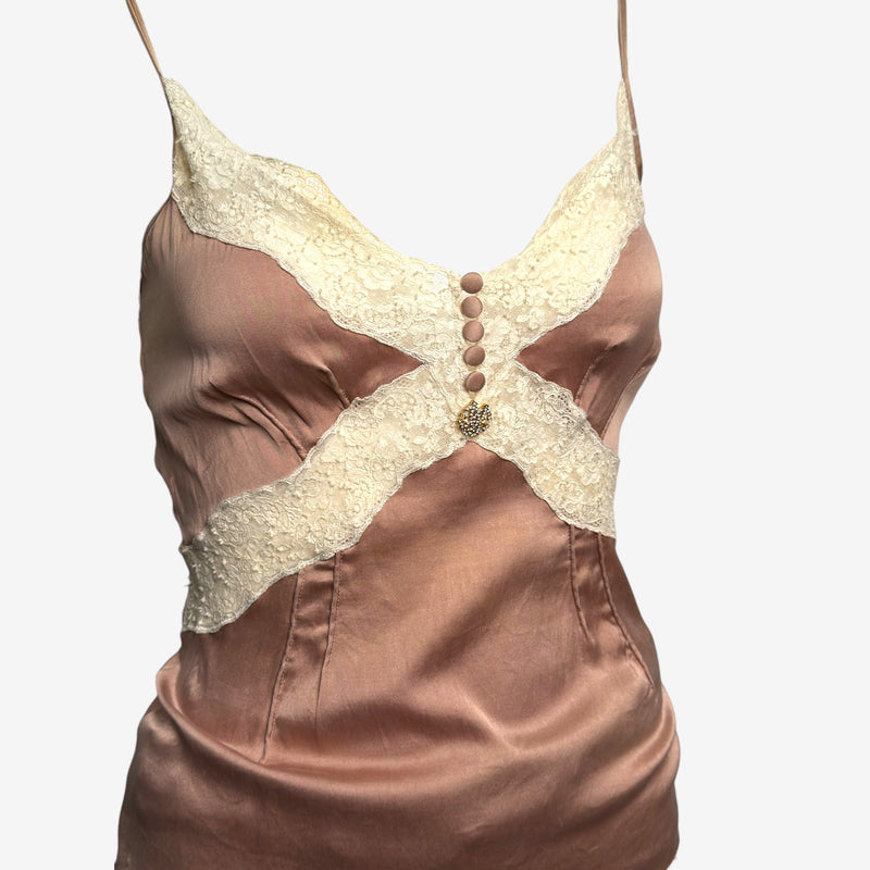 Roberto Cavalli S/S 2006 Dusty Rose Satin Lace-Trimmed Ruffled Slip Dress