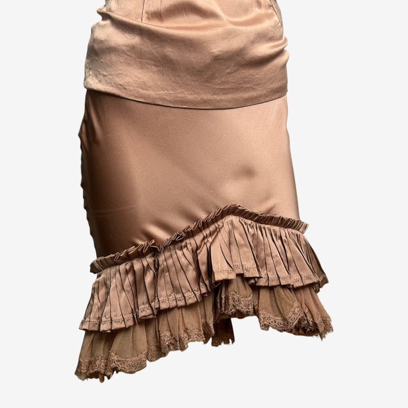 Roberto Cavalli S/S 2006 Dusty Rose Satin Lace-Trimmed Ruffled Slip Dress