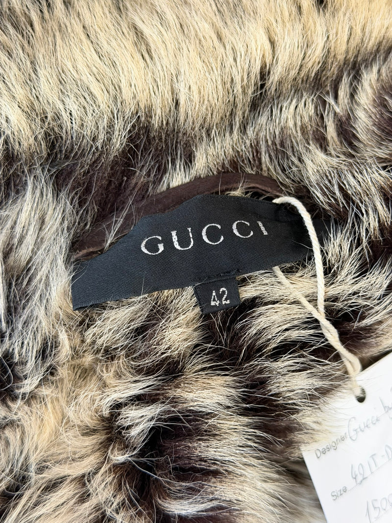 Brown shearling coat by Gucci Tom Ford, interior lining view