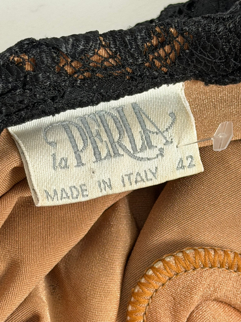 La Perla 1990s black lace gown laid flat, displaying full mermaid silhouette and tulle hem