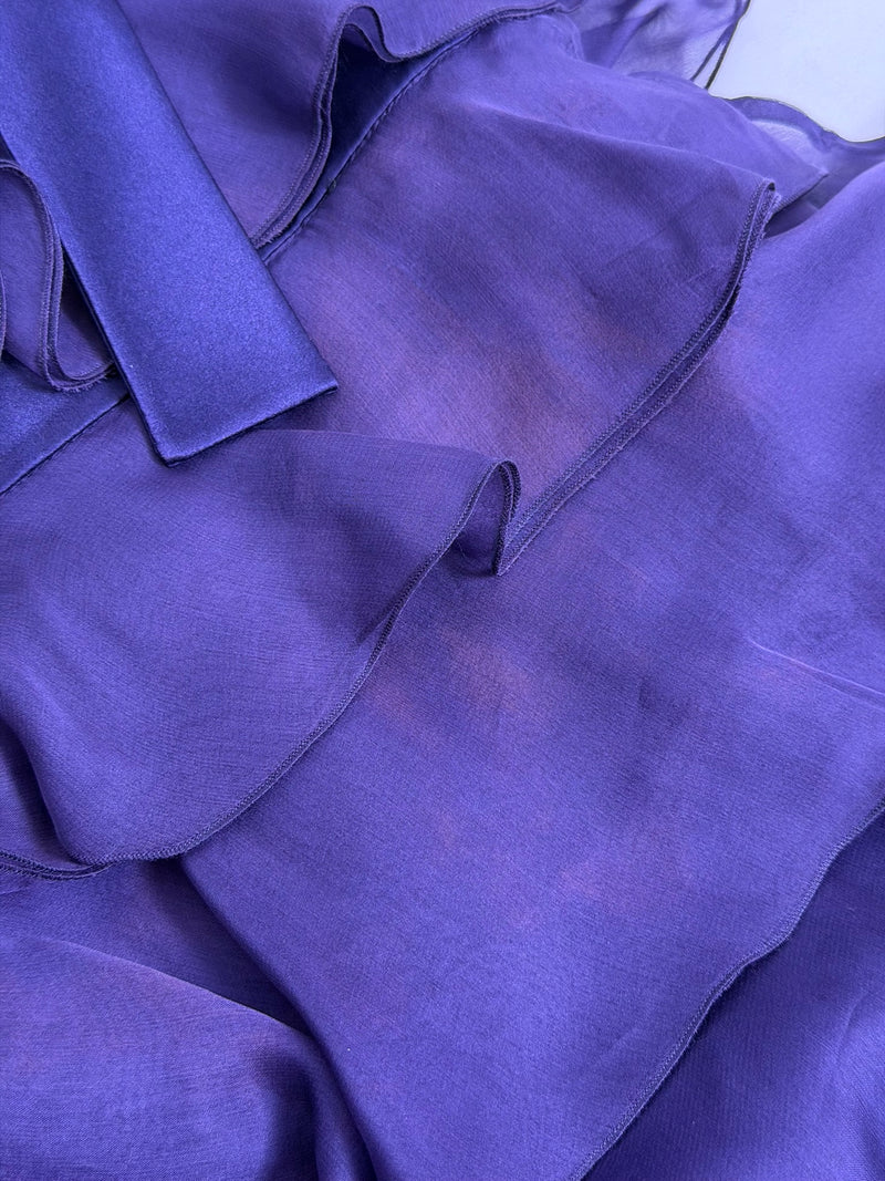 Purple silk satin gown by Valentino, flat lay showing full garment and ruffle structure