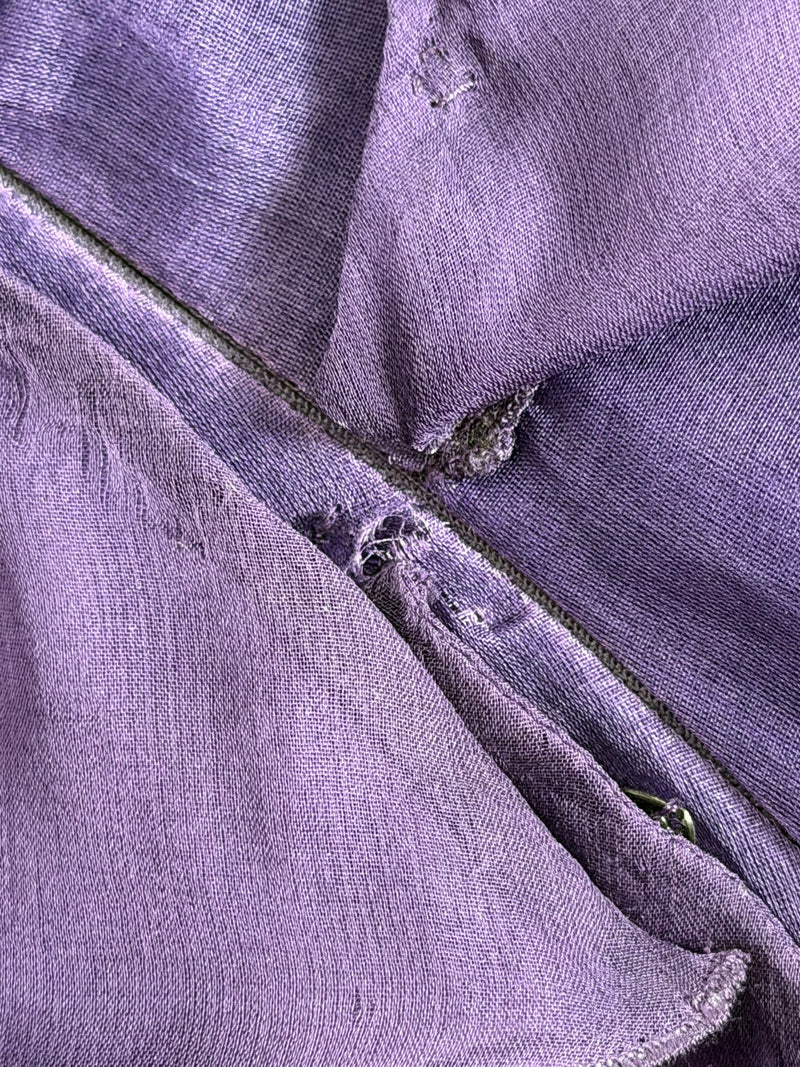 Purple silk satin gown by Valentino, back detail of zipper and tiered ruffle arrangement