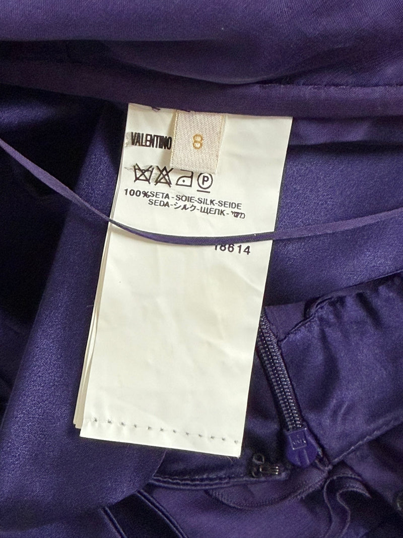 Purple silk satin gown by Valentino, detail of shoulder strap and upper ruffle construction
