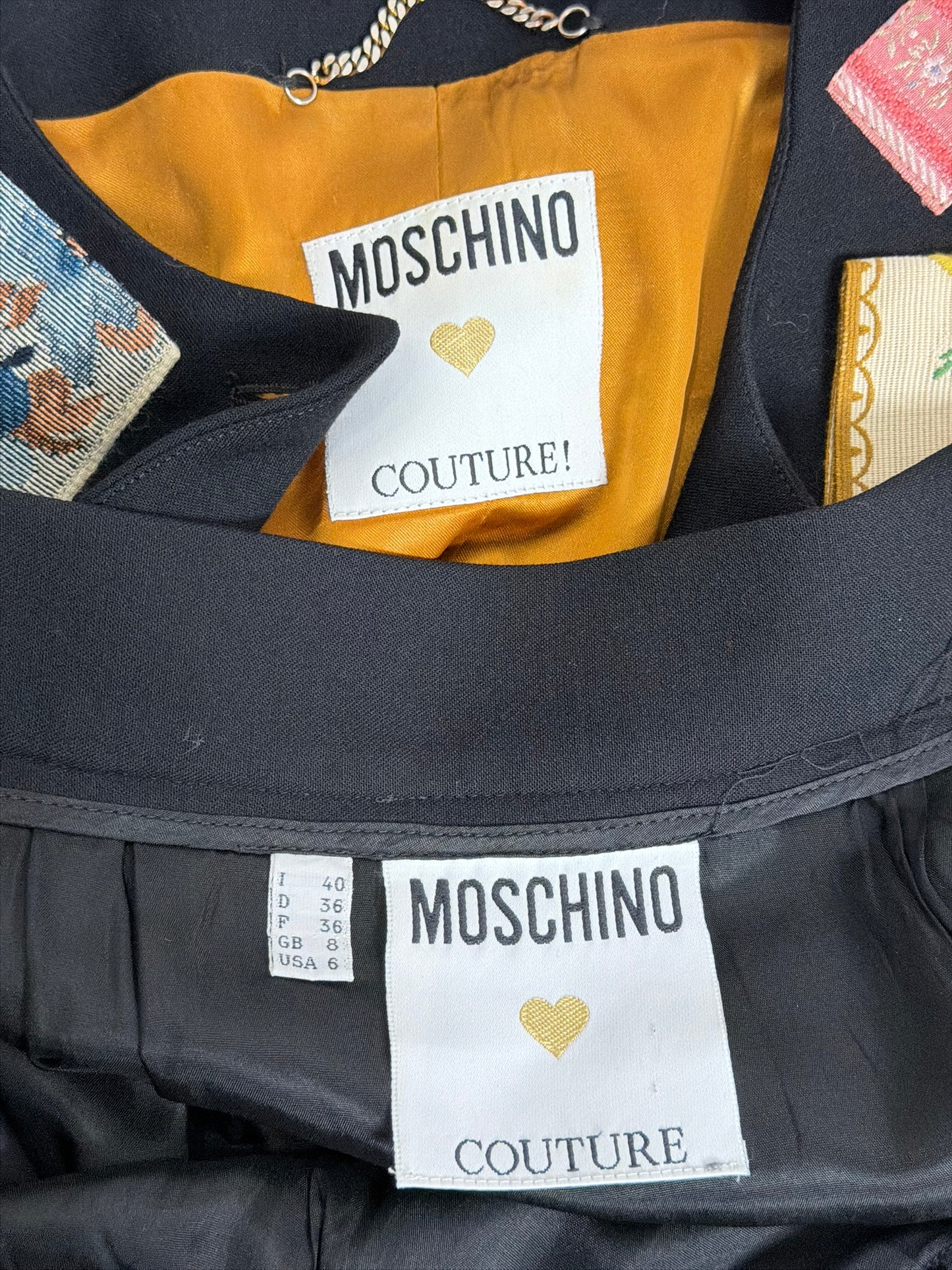 Moschino Couture Fall 1988 Patch Jacket and Question Mark Skirt Ensemble