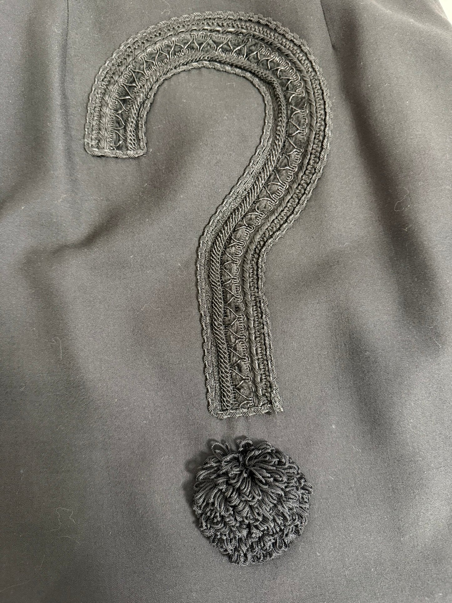 Moschino Couture Fall 1988 Patch Jacket and Question Mark Skirt Ensemble