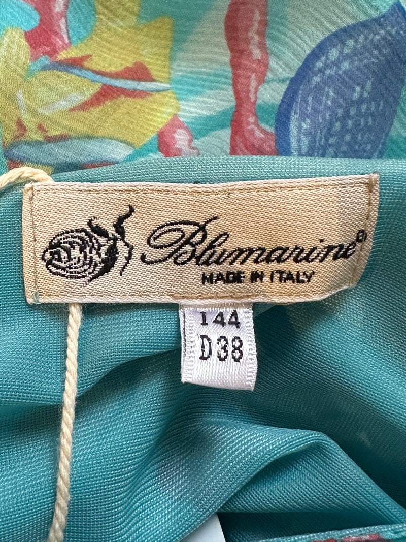 Blumarine Early 2000s Turquoise Underwater Print Pleated Mesh Midi Skirt