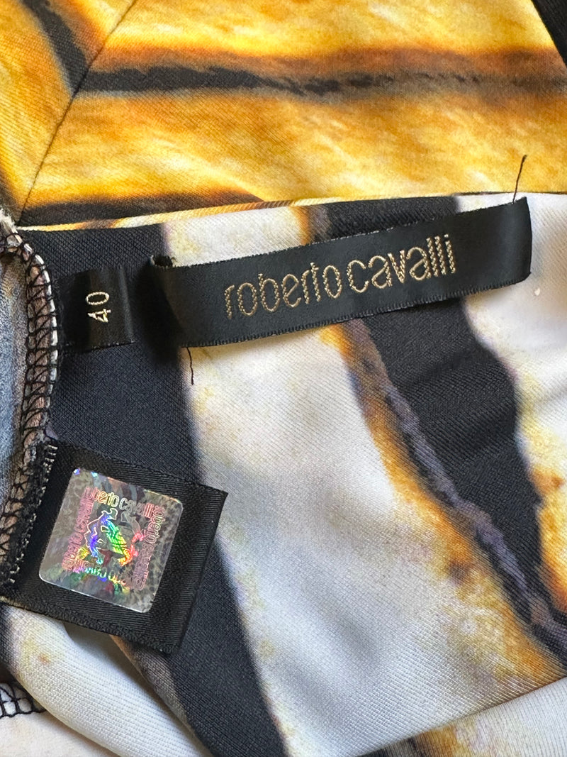 Roberto Cavalli S/S 2007 Amber & Black Tiger-Print Flutter-Sleeve Mini Dress