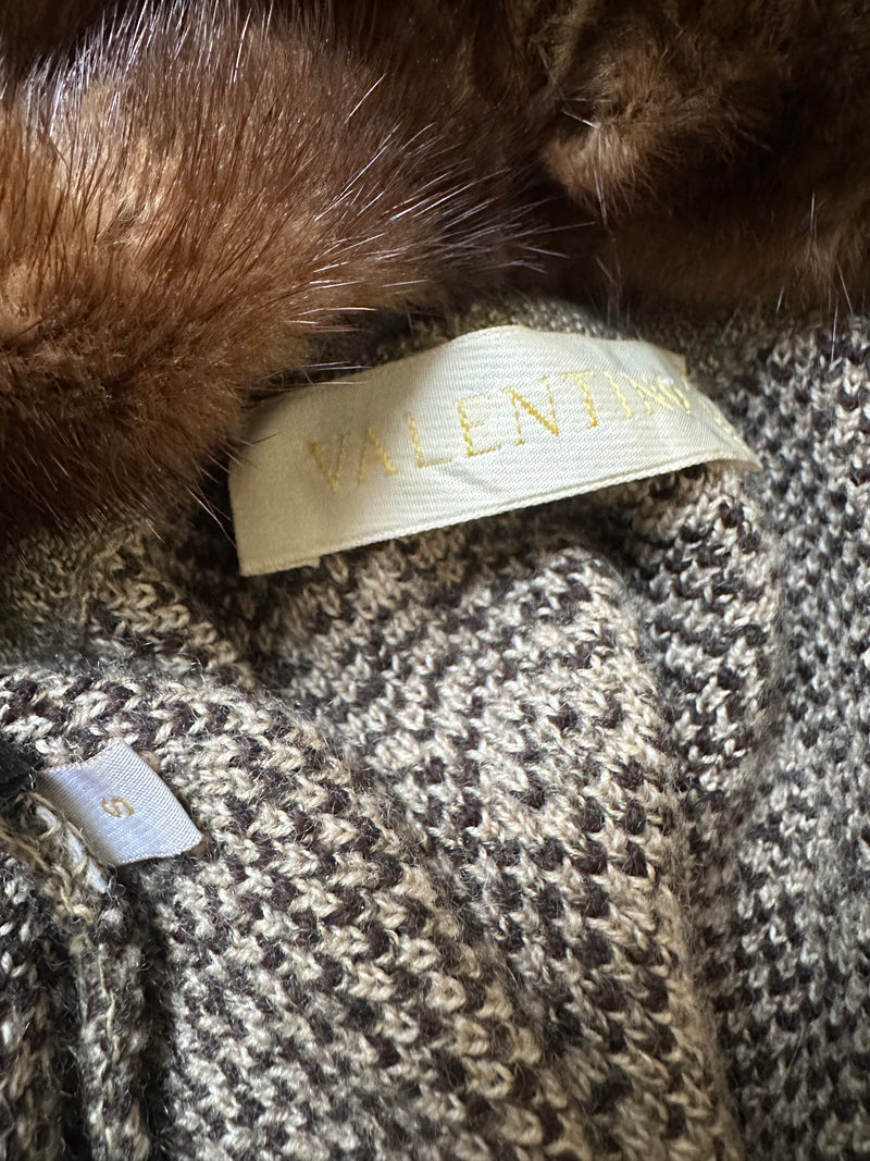 Valentino 2000s Beige & Brown Intarsia Snakeskin-Print Fur-Collar Cardigan