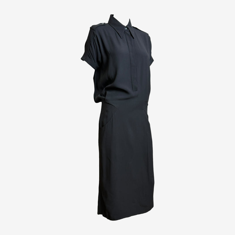 Alexander McQueen military shirt dress, side view showing blouson top and fitted pencil skirt